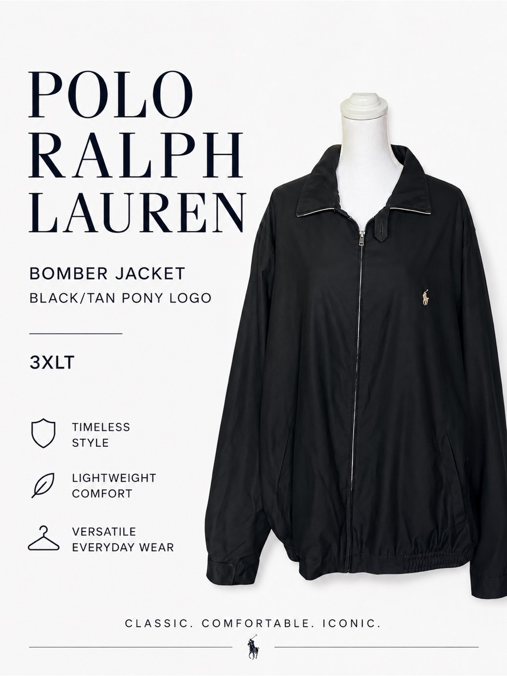 Polo Ralph Lauren bomber jacket  lined  black tan pony logo  3XLT Harrington